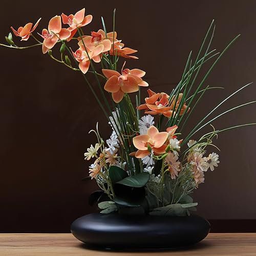 SYDDOL 17 Artificial Orchid Flowers, Real Touch Phalaenopsis Silk Bouquet with Ceramic Pot for Indoor Table Centerpiece Home Decoration (Koi Flower + Black Pot)