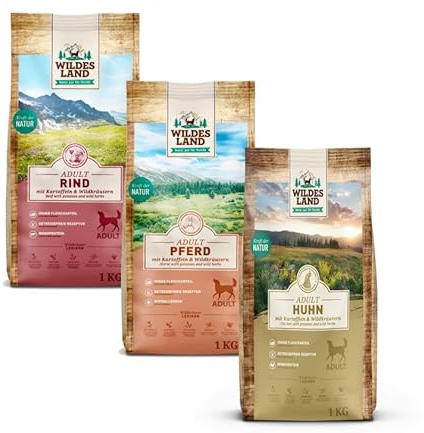 Wildes Land Classic Adult Trockenfutter Probierpaket 3 x 1kg | Huhn, Rind & Pferd | Getreidefreies Hundefutter | Hypoallergen | Monoprotein | Mit Wildkräutern und Ölen