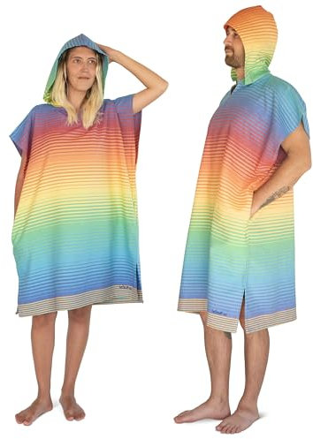 LeStoff Badeponcho - 100% Bio-Baumwolle - Leicht, Saugstark, Schnelltrocknend, Strandponcho Kapuze, Handtuchponcho, Surfponcho, Umkleideumhang, Handtuchkleid, Duschponcho, Umziehponcho (Rainbow, M)