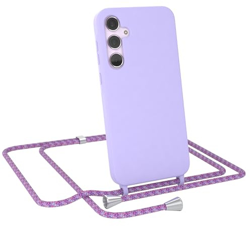 EAZY CASE - Hülle mit Band kompatibel Samsung Galaxy A35 Handyhülle für Galaxy A35 Hülle Silikon mit Mikrofaser stoßfester Fallschutz Kette zum Umhängen Handykordel in Lavendel Lila - Clips Silber