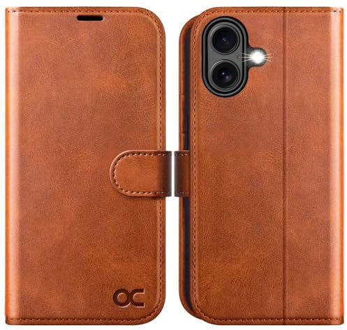 OCASE iPhone 16 Hülle Handyhülle Premium PU Leder, Kartenfach Standfunktion, RFID Schutzhülle, Klapphülle Handytasche Lederhülle Kompatibel für iPhone 16 6,1 Zoll Braun