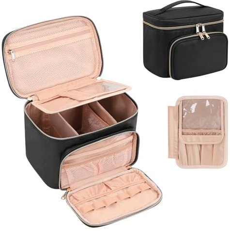 Große Make-up Tasche, Tragbare Reise Make-up Tasche für Frauen Mädchen mit Make-up Pinsel Fach, Stilvolle Make-up Tasche Veranstalter Kosmetik Fall mit Griff und Teiler für Schwarz (schwarz B)