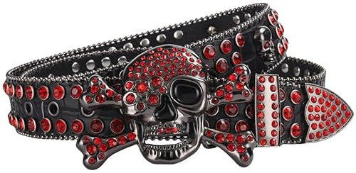 Elaineeu Damen Herren Strass Gürtel Punk Diamant Gürtelschnalle Hip Hop Dekorative Strasssteine, schwarz/rot, 115x3.8cm
