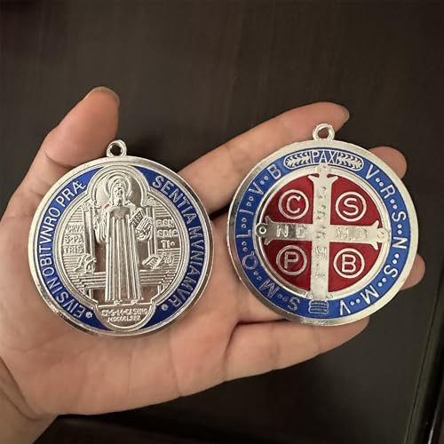 Bovemee Medaille St. Benedikt-Kreuz, 7,6 cm, Vintage-Messington, für Wand oder Schreibtisch, Medaille de San Benito, Blau, 2 Stück