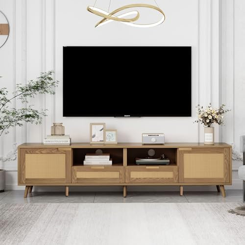 KAZZIO Mesa consola de TV, 200 x 37 x 49 cm, mueble de TV con diseño de ratán auténtico, mueble de TV con patas de madera maciza, tablero de ratán trenzado (roble/con 2 cajones)