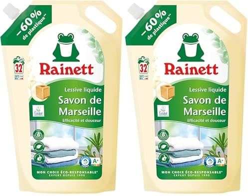 RAINETT - Lessive Liquide - Tensioactifs d'Origine Végétale - Efficace Dès 20° - Ecolabel - Savon de Marseille - 32 Lavages - Éco-Recharge 1,6 L (Lot de 2)