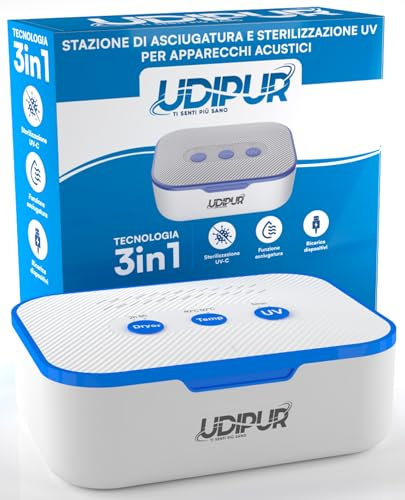 Udipur Hearing Aid Drying Station UV sterilisation and Charging Functions 3in1 USB Type C Max. Temperature 50°C - 110x90x40mm
