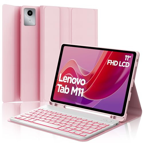 SENGBIRCH Custodia Tastiera Lenovo Tab M11 11, Cover con Tastiera per Lenovo Tab M11 2024, 7 Colori di Retroilluminazione Italiano QWERTY Rimovibile Bluetooth Tastiera, Rosa