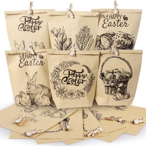 Hianjoo Ostern Geschenktüten 12 Stück, Ostertüten zum Befüllen mit 12 Hasenklammer, Bedruckte Kraft Papiertüten Set für Ostern Dekoration, Frohe Ostern