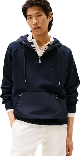 Tommy Hilfiger Herren Hoodie mit Reißverschluss Mix Media 1/4 Zip Verschließbare Bauchtasche
