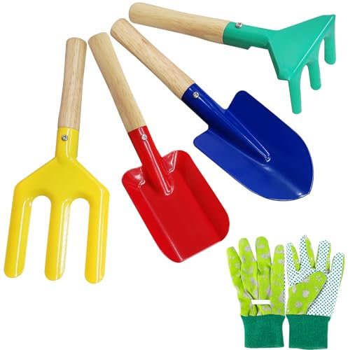 YORFULL Kit Jardineria Niños, Juego de 5 Herramientas Jardinería para Niños con Azada, Pala de Jardín, Guantes, Rastrillo y Pala, Herramientas Jardinería para Niños con Mangos de Madera Resistentes