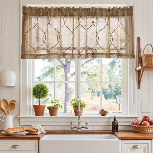 Vangao Voile Scheibengardinen Modern Braun Gestickt Bistrogadine 1er Set 140Bx40Hcm Landhaus Wohnwagen Gardinen kurz Küchengardinen mit Stangendurchzug für küchen Wohnzimmer Halbtransparent