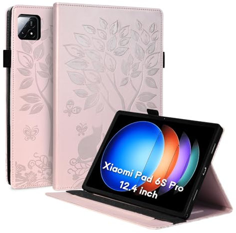 LSPCASA Custodia per Xiaomi Pad 6S Pro 12.4 Pollici PU Leather Cover Con Slot Per Carte Folio Stand Protettiva Case Tablet Cover per Xiaomi Pad 6S Pro-Rosa