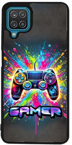 FunKaz Coque pour Samsung Galaxy A12 - Gamer Manette de Jeu Fond Multicolore - Coque Noire TPU