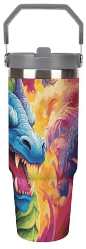 30oz Stainless Steel Insulated Tumbler with Flip Lid & Straw, Leakproof Travel Mug for Car, Colorful of Dragons Double Wall Vacuum Thermal Coffee Cup with Handle, Spill-Proof Design for Hot/Cold Drink