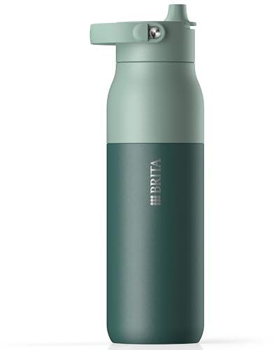 BRITA LARQ Essential Trinkflasche (grün, 1 l) Edelstahl Wasser-Flasche, doppelwandige Isolierung (24h kalt), spülmaschinengeeignet