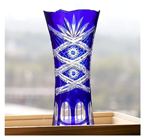 WQQYU6HKF Jarrones Elegante jarrón de Cristal Azul Estilo Bohemio checo Cortado a Mano for decoración de Cristal Transparente florero patrón Grabado Jarrones Decorativos