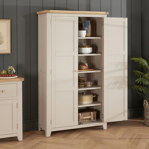 The Furniture Market | Cheshire Dove Grey | Double Shaker Kitchen Pantry Storage Cupboard | Tall Shaker Storage Cabinet | Adjustable Shelves & Hooks | H 1800 x W 1020 x D 410mm