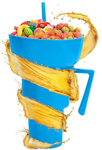 Generisch Cup and Bowl Set, 2-in-1 Reusable Snack Bowl Drinking Cup with Straw, Drinks and Food Container for Travel, Milk, Tea, Juice, Sweets, Chips, School, Camping