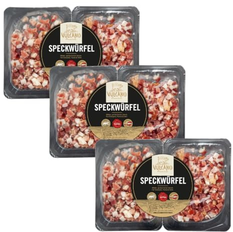 Vulcano Speckwürfel – Fein gewürzter Räucherspeck in Würfeln, Premium Qualität aus Österreich, ideal zum Kochen, Verfeinern & Braten, herzhafter Jausen- & Antipasti Zutat, glutenfrei 3 x 90g