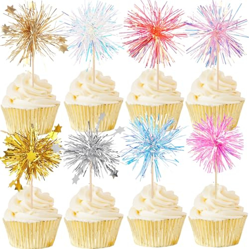 Gleevio 40 Happy Birthday Tortendeko Bunt Feuerwerk Cupcake Topper Glitzer | Tortendeko Geburtstag,Feuerwerk Muffin Deko,Happy Birthday Kuchen Deko für Geburtstag Hochzeit Taufe Neujahr Weihnachten