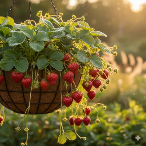 Hänge-Erdbeere Fragaria x Ananassa, 3 Winterharte Selbstfruchtende Pflanzen, Schnellwachsende Rankende Erdbeerpflanzen mit Extra Langen Starken Ranken LK-Gartenwelt