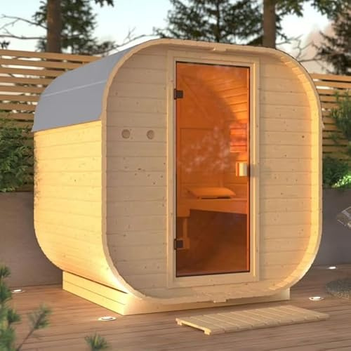 Karibu Sauna Extérieur Tonneau Quadro 1 | 2-4 Places, Bois Massif 38mm, 199x175cm | Porte Vitrée, Plancher Inclus, Montage Emboîtement