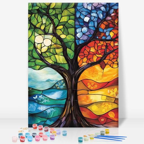 GEEHEIY Malen nach Zahlen Erwachsene Lebensbaum 20 x 30 cm mit Rahmen | DIY Acryl Malset für Anfänger, Buntglas Wanddeko, Entspannung, Wohnaccessoires, Geschenkidee für Naturliebhaber