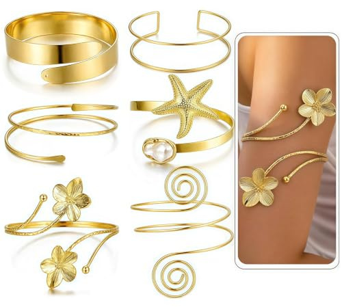 Glamoreal 6er-Set goldene Armreifen für Damen, Boho-Statement-Armreifen für den Oberarm, offenes, verstellbares Armreif-Set, stapelbarer Schmuck