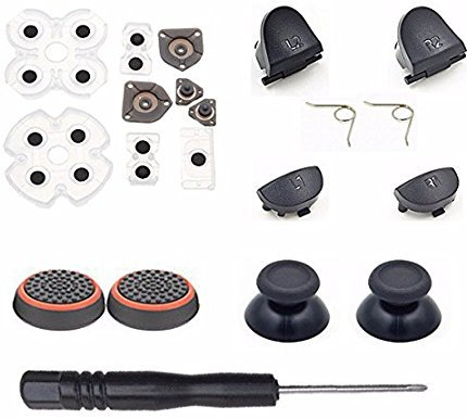 L1 R1 L2 R2 Trigger Quellen Tasten + 2 Joystick Daumen Sticks + 1 Set leitfähigem Gummi + 2 x Federn + Joystick Kappen aus Silikon für Dualshock 4 PS4 Controller