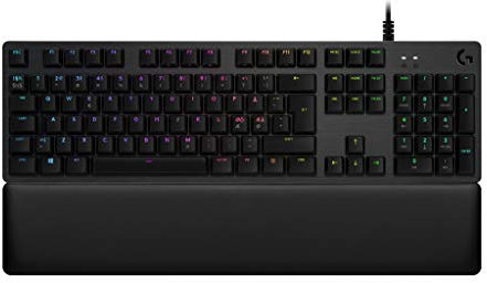 Logitech G513 Clavier Gaming Mécanique avec Repose-Poignets, Eclairage RVB Lightsync, Switchs GX Blue, Alliage Aluminium 5052, Personnalisable, Relais USB, Clavier Allemand QWERTZ - Noir