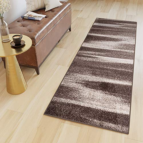 TAPISO Sari Teppich Läufer Flur Braun Beige Kurzflor Verwischt Streifen Meterware Brücke nach Maß Küche Wohnzimmer Schlafzimmer ÖKOTEX 70 x 140 cm