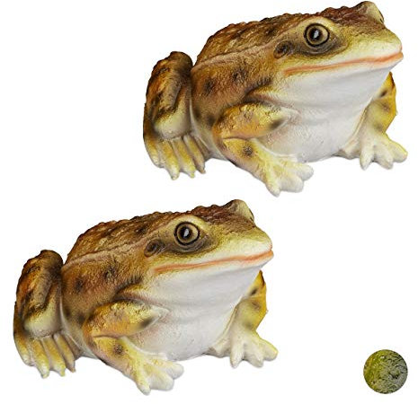 Relaxdays 2 x Gartenfigur Frosch, wetterfest, für Balkon, Terrasse, am Teich, Kunststein, sitzende Dekofigur Frosch, gelb