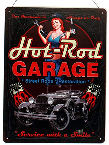 Blechschild Hot Rod Garage Service with a Smile 25 x 33 cm Deko Schild mit Aufschrift Aufdruck