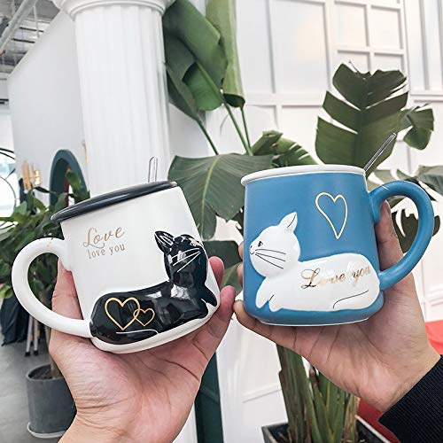 DCGSADFW Taza Personalizada del Gato Alivio Creativo (400 ml) Pareja de Dibujos Animados Taza de cerámica con la Cuchara (Color : Blanco)