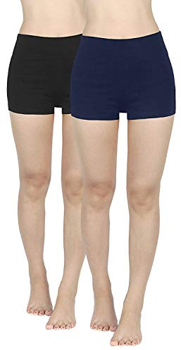4How 2er Pack Sport Shorts Damen kurz eng Tights Radlerhose Baumwolle Sporthose Fitness Yoga Cycling Shorts Hotpants Blickdicht Schwarz+Blau L