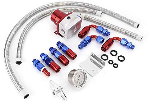 Kit de regulador de presión de combustible ajustable universal para coche 100psi con manómetro(Plata roja)