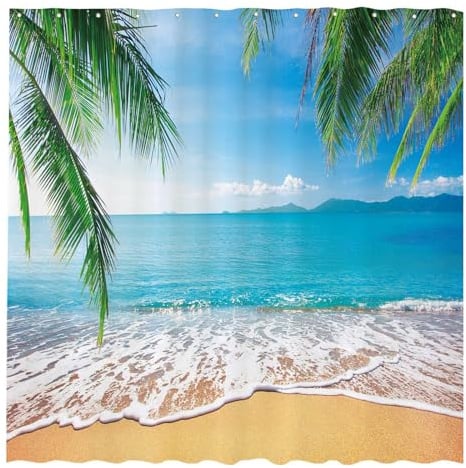 Allenjoy Rideau de Douche avec 12 Crochets - Motif Plage Tropicale - Scène de Bord de mer - Océan - Île - Palmier - Décoration de Salle de Bain - Durable - 183 x 183 cm