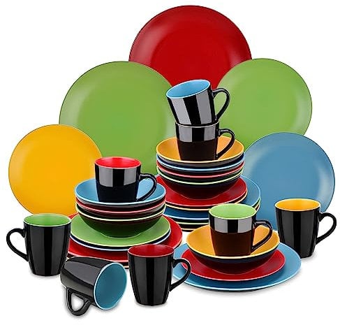 vancasso serie Allegro Vajilla de Cerámica, Plato Llano, Plato Postre Cuenco y Taza, Vajillas Completas Modernas de 32 piezas para 8 Personas Vajillas Redondas Mate Coloridas
