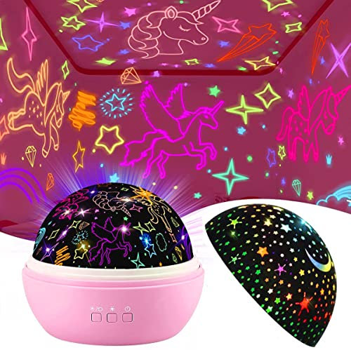 Licorne Jouets pour Filles 2-8 Ans, 2 en 1 Licorne Veilleuse Projecteur Étoile Rotatif à 360° avec 8 couleur Lumière, Cadeaux Anniversaire de Noël pour filles, Cadeaux Licorne pour Filles 2-9 Ans