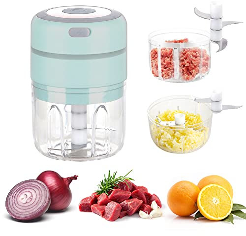 Zwiebelschneider Mini Elektrisch Knobstampfer Universalzerkleinerer mit 2 Tassen - 250ML & 100ML, Zwiebel Zerkleinerer Elektrisch Knoblauchschneider für Fleisch, Chilis, Obst - USB Aufgeladen