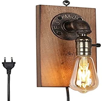 BarcelonaLED Aplique de Pared Vintage Industrial Madera Asa Colgante con Interruptor de Perilla y Cable Enchufe para Bombilla E27 Salón Dormitorio Cama