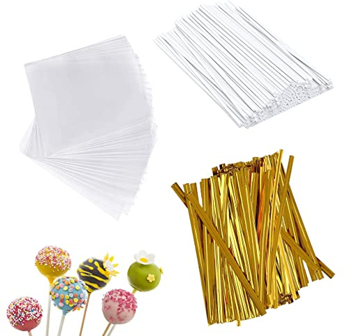 ZHIQIN 300 Pièces Batonnet Pop Cake Set 100 Pièces Bâtons de Sucettes 100 Cellophane Sacs à Sucettes et 100 Noeuds Papillon pour Faire des Sucettes,Bonbons y Chocolats