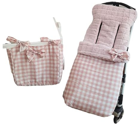 Conjunto de carro universal con saco de invierno y bolsa panera en vichy rosa. Hecho en España