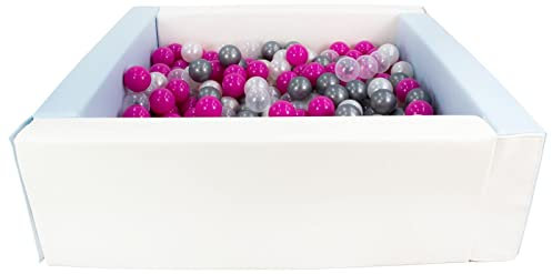 Velinda Piscine à balles carrée avec 300 balles, Cuir écologique, 5 éléments (Couleur de la Piscine/de balles: Blanc, Bleu (Pastel)/Perle, Transparent, Rose, Argent)