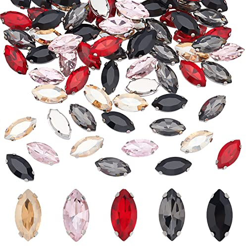 DICOSMETIC 100 Stück 5 Farben Zum Aufnähen von Strasssteinen Mit Flacher Rückseite, Glas Strasssteine, Pferdeaugen Strasssteine Mit Metallklaue, Nähkralle, Kristall Strasssteine Für Kleid Schmuck