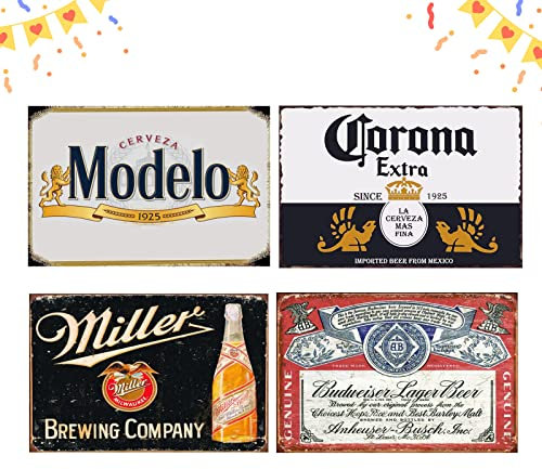 Vintage Beer Signs Collection - 4 Piece Bundle for Bar & Home Decor, 8x12 Inch Retro Metal Bar Signs - Ideal for Farmhouse, Garage, Home Bar Settings