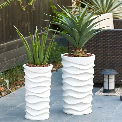 LuxenHome - Juego de 2 macetas de jardín para interiores y exteriores, macetas MgO para plantas de interior, macetas grandes para exteriores, macetas altas para balcón, color blanco