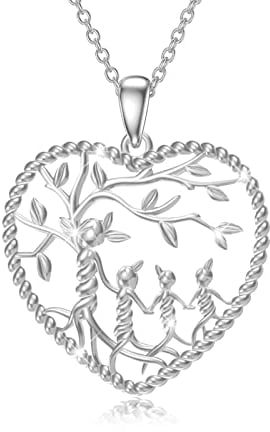 Women's Tree of Life Necklace 925 Sterling Silver Mother with 3 Children Daughter/Son Tree of Life Family Heart Pendant Jewellery Gifts for Mum Children Girls