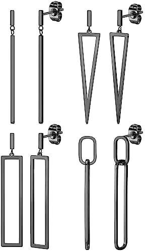 Kakonia 4 Paare Geometrische Baumeln Tropfen Anweisung Ohrringe für Frauen Teenager-Mädchen Schwarz Edelstahl Lange Link Rechteck Dreieck Bar Ohrringe Set Minimalistischen Schmuck